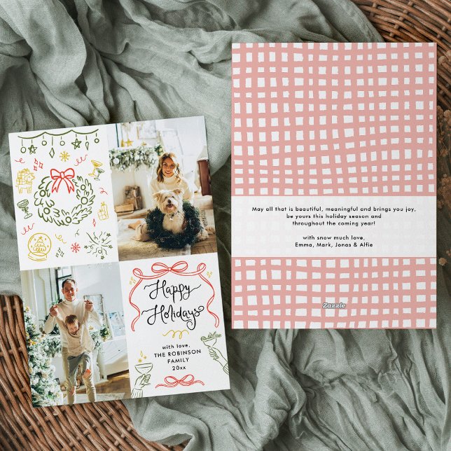 Whimsical Hand Drawn Bows Happy Holidays 2 Photos Holiday Card (Creator Uploaded)