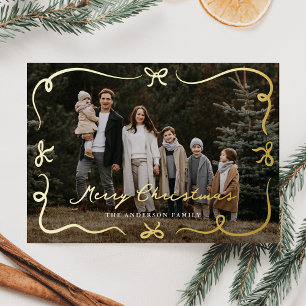 Whimsical Hand-Drawn Bows Merry Christmas Photo Foil Holiday Card
