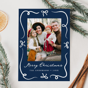 Whimsical Hand-Drawn Bows Navy 2 Photo Christmas Holiday Card
