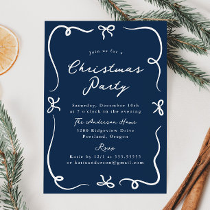 Whimsical Hand-Drawn Bows Navy Christmas Party Invitation