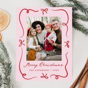Whimsical Hand-Drawn Bows Pink and Red Photo Holiday Postcard