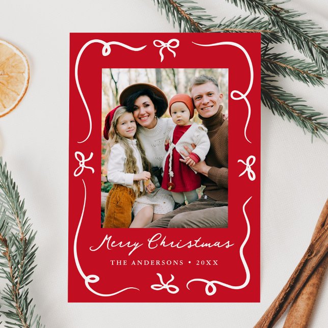 Whimsical Hand-Drawn Bows Red 2 Photo Christmas Holiday Card (Creator Uploaded)