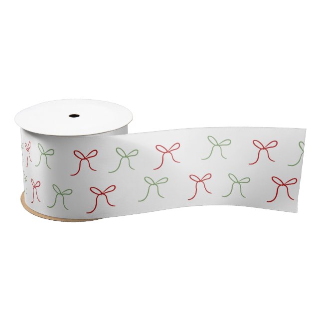 Whimsical Hand Drawn Bows Red & Green Christmas Satin Ribbon (Spool)