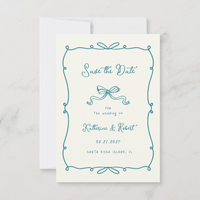 Whimsical Hand Drawn Bows Save the Date Card (Front)