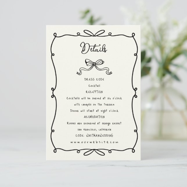 Whimsical Hand Drawn Bows Wedding Reception Enclosure Card (Standing Front)