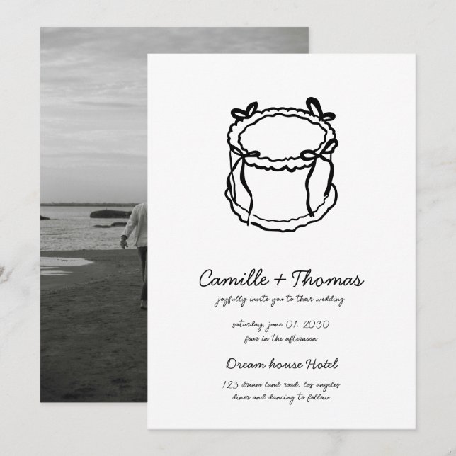 Whimsical Hand-Drawn Cake Photo Wedding Invitation (Front/Back)
