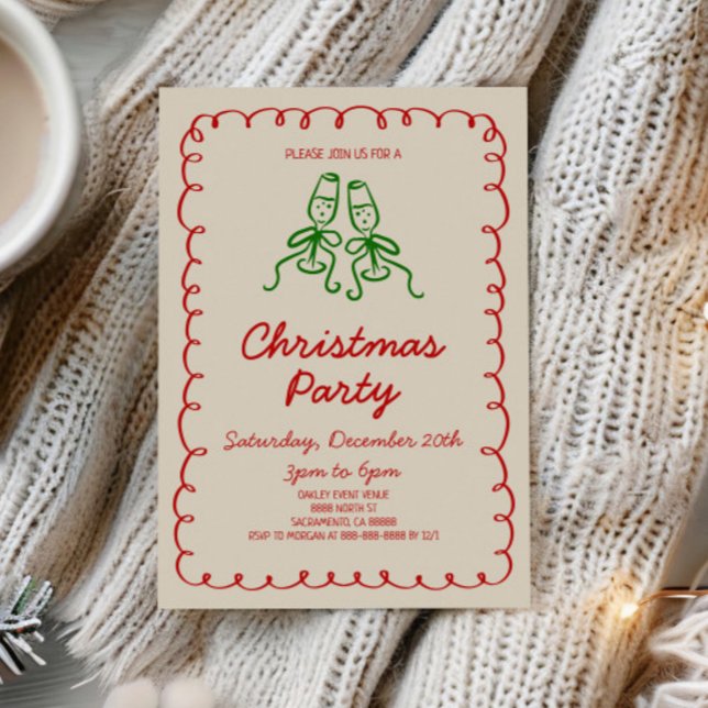 Whimsical Hand Drawn Champagne Christmas Party Invitation (Creator Uploaded)