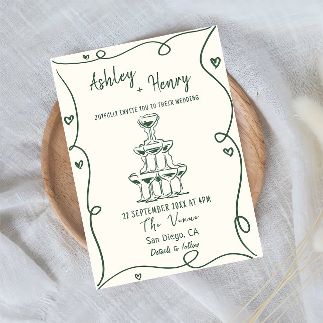 Whimsical Hand Drawn Champagne Tower Wedding Invitation (Creator Uploaded)
