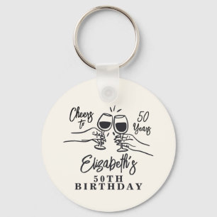 Whimsical Hand Drawn Cheers to 50 Years Birthday Key Ring