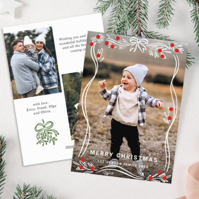 Whimsical Hand Drawn Christmas Bow Ribbon 3 Photo Holiday Card (Creator Uploaded)