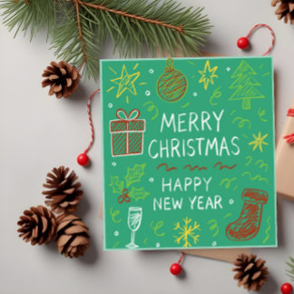Whimsical Hand-Drawn Christmas Card on Green