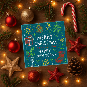 Whimsical Hand-Drawn Christmas Card on Teal