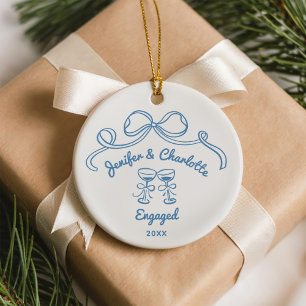 Whimsical Hand Drawn Christmas Engaged Ceramic Ornament