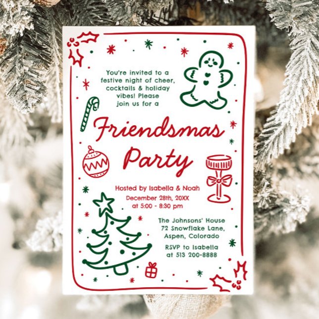 Whimsical Hand Drawn Christmas Friendsmas Party Invitation (Creator Uploaded)