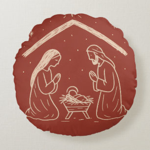 Whimsical Hand-Drawn Christmas Nativity Scene Round Cushion