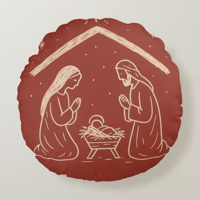 Whimsical Hand-Drawn Christmas Nativity Scene Round Cushion (Front)