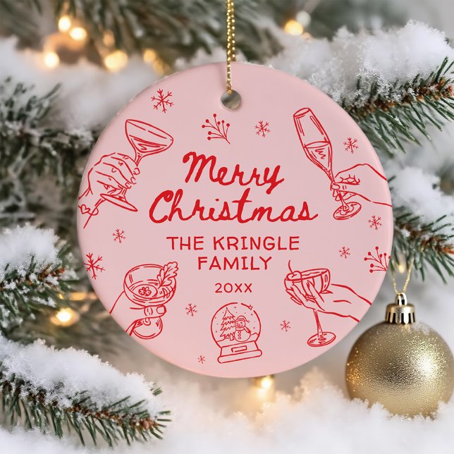 Whimsical Hand Drawn Christmas Party  Ceramic Ornament (Creator Uploaded)