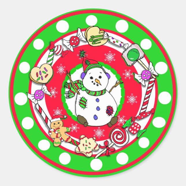 Whimsical Hand Drawn Christmas Snowman Classic Round Sticker (Front)