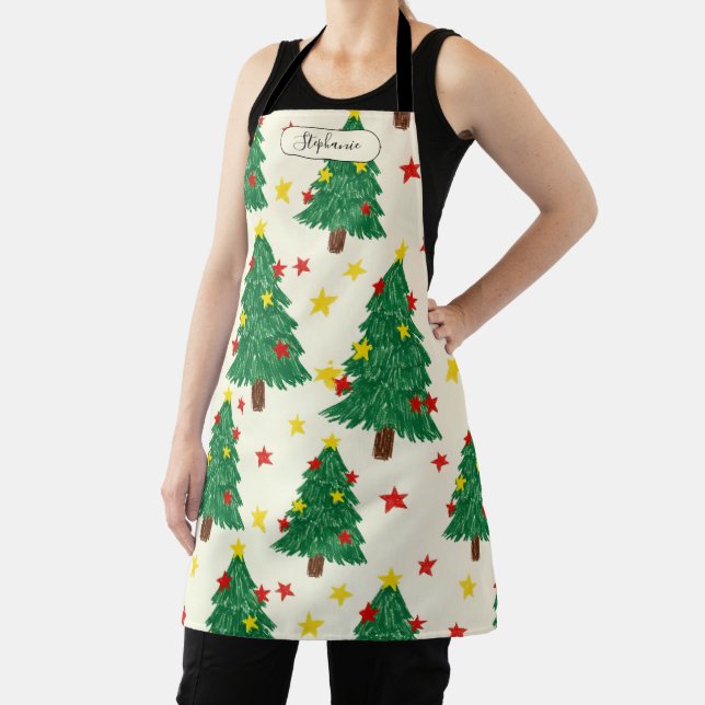 Whimsical Hand Drawn Christmas Tree Pattern Person Apron (Insitu)