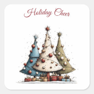 Whimsical Hand-Drawn Christmas Tree Pattern  Square Sticker