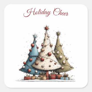 Whimsical Hand-Drawn Christmas Tree Pattern Square Sticker