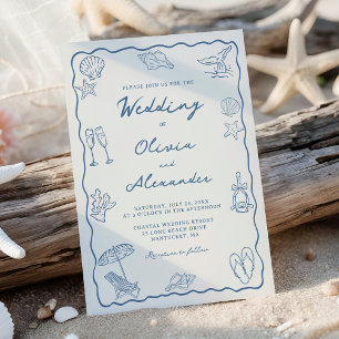 Whimsical Hand Drawn Coastal Beach Wedding Invitation