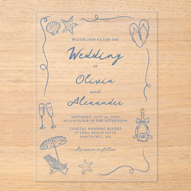 Whimsical Hand Drawn Coastal Blue Beach Wedding Acrylic Invitations (Front)