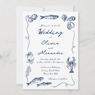 Whimsical Hand Drawn Coastal Navy Blue Wedding Invitation