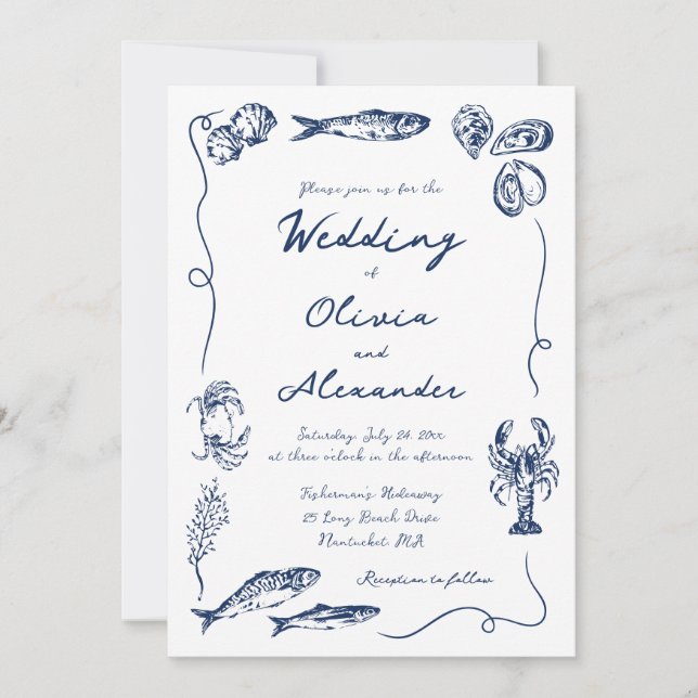 Whimsical Hand Drawn Coastal Navy Blue Wedding Invitation (Front)