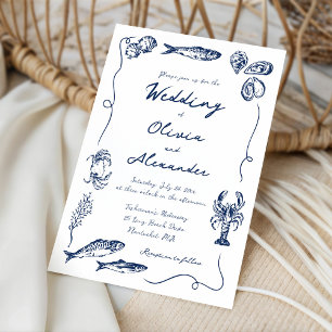 Whimsical Hand Drawn Coastal Navy Blue Wedding Invitation