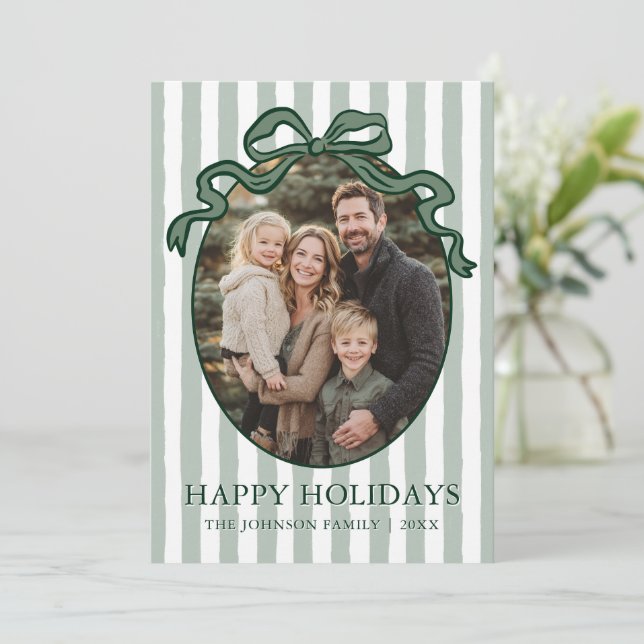 Whimsical Hand Drawn Coquette Bow Family Photo Holiday Card (Standing Front)