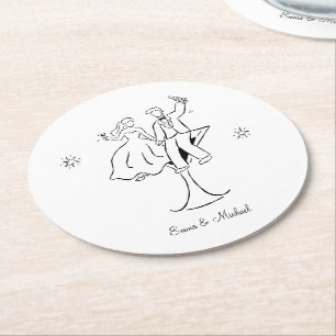 Whimsical Hand Drawn Couple Wedding Engagement  Round Paper Coaster