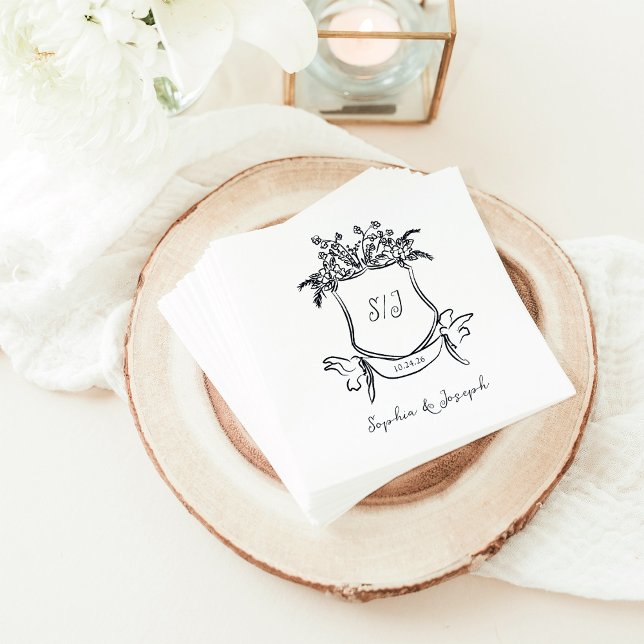 Whimsical Hand Drawn Crest with Monogram Wedding Napkin (Creator Uploaded)