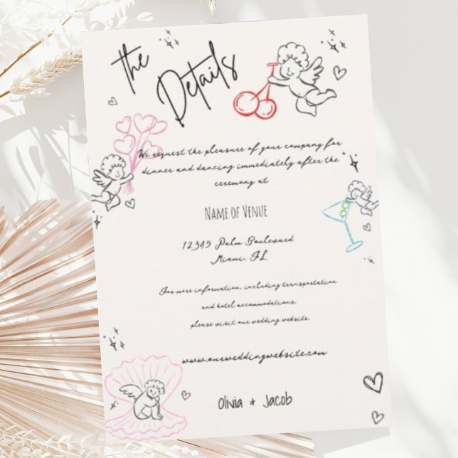 Whimsical Hand Drawn Cupid Cherub Wedding Details Enclosure Card (Creator Uploaded)