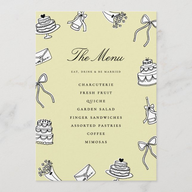 Whimsical Hand Drawn Cute Unique Bridal Shower Menu (Front)
