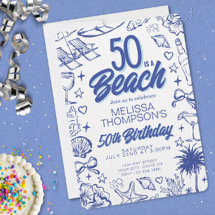 Whimsical Hand Drawn Doodle 50th Beach Birthday Invitation