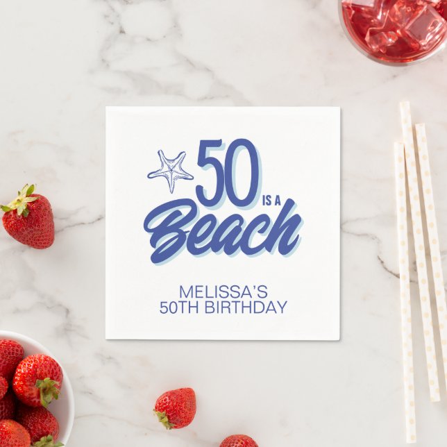 Whimsical Hand Drawn Doodle 50th Beach Birthday Napkin (Insitu)
