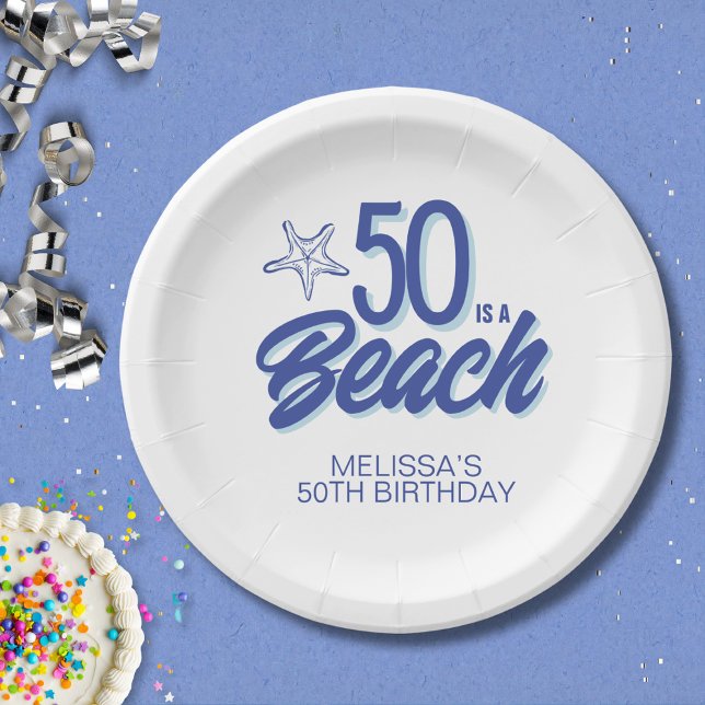 Whimsical Hand Drawn Doodle 50th Beach Birthday Paper Plate (Creator Uploaded)
