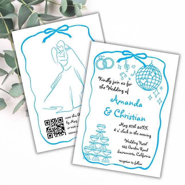 Whimsical Hand Drawn Doodle Blue  Bow Wedding Invitation (Creator Uploaded)