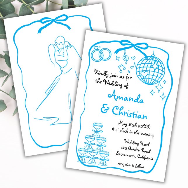 Whimsical Hand Drawn Doodle Blue  Bow Wedding Invitation (Creator Uploaded)