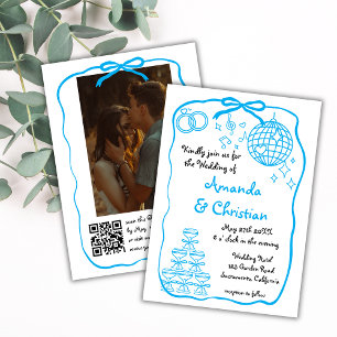 Whimsical Hand Drawn Doodle Blue  Photo Wedding Invitation