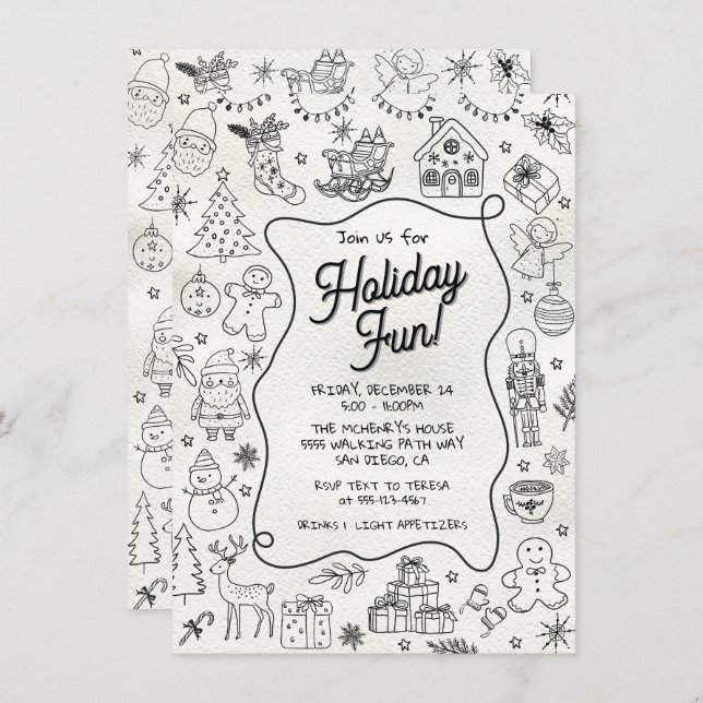 Whimsical hand drawn doodle Christmas Party Invitation (Front/Back)