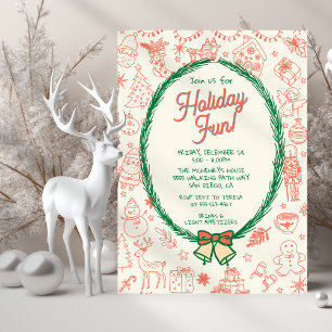 Whimsical hand drawn doodle Christmas Party Invitation