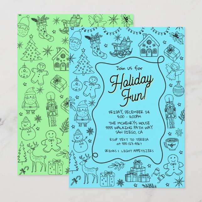 Whimsical hand drawn doodle Christmas Party Invitation (Front/Back)