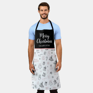 Whimsical Hand Drawn Doodle Christmas Pink Black Apron