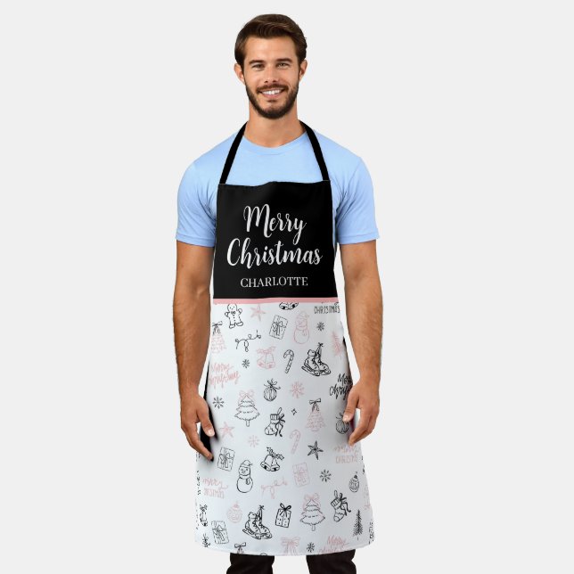 Whimsical Hand Drawn Doodle Christmas Pink Black Apron (Worn)
