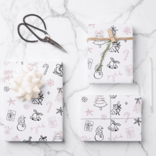 Whimsical Hand Drawn Doodle Christmas Pink Black Wrapping Paper Sheet