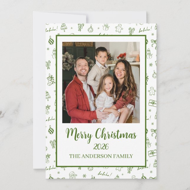 Whimsical Hand Drawn Doodle Green Holiday Card (Front)