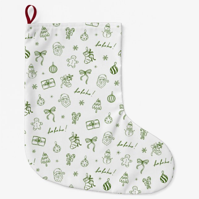 Whimsical Hand Drawn Doodle Green Large Christmas Stocking (Front)