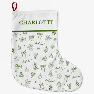 Whimsical Hand Drawn Doodle Green Large Christmas Stocking